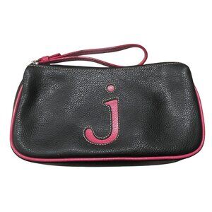 Vintage Y2K Black Pink Monogram J Faux Leather Wristlet Initial Makeup Bag